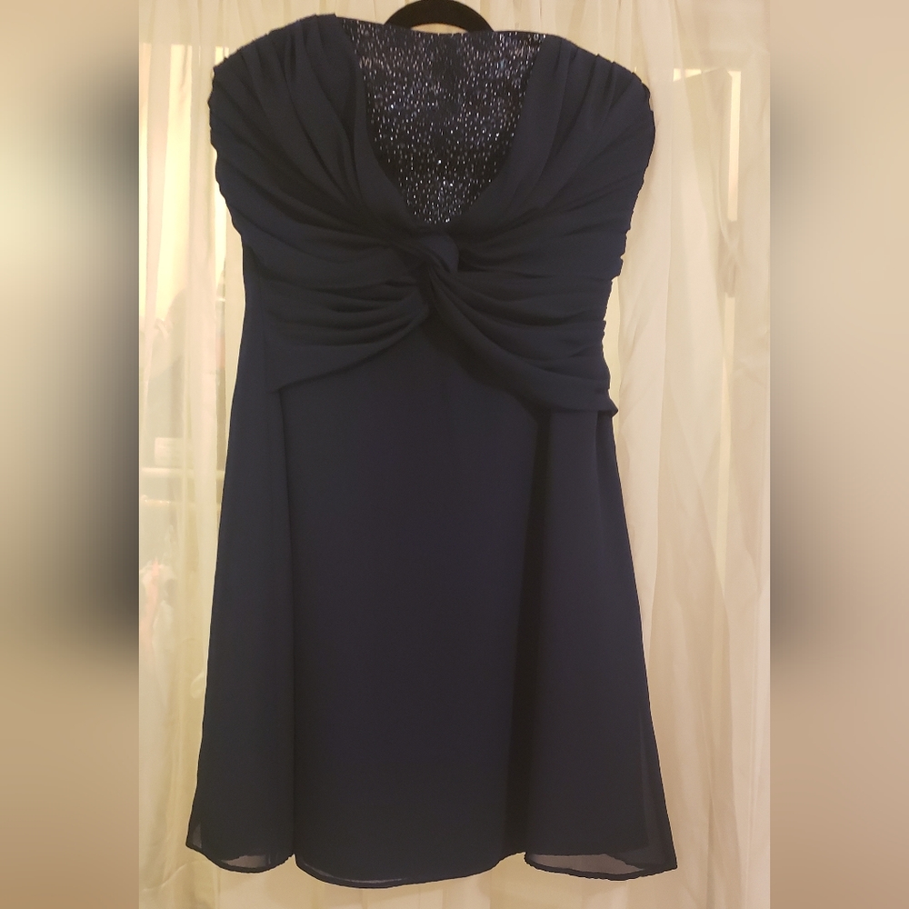 Evening strapless mini dress beaded on bodice criss cross chiffon on front navy